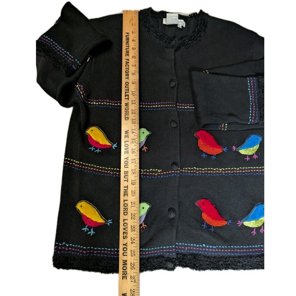 Vintage Great Cavalier Bird Novelty Cardigan Sweater Black M Furry Embroidered - Picture 7 of 16